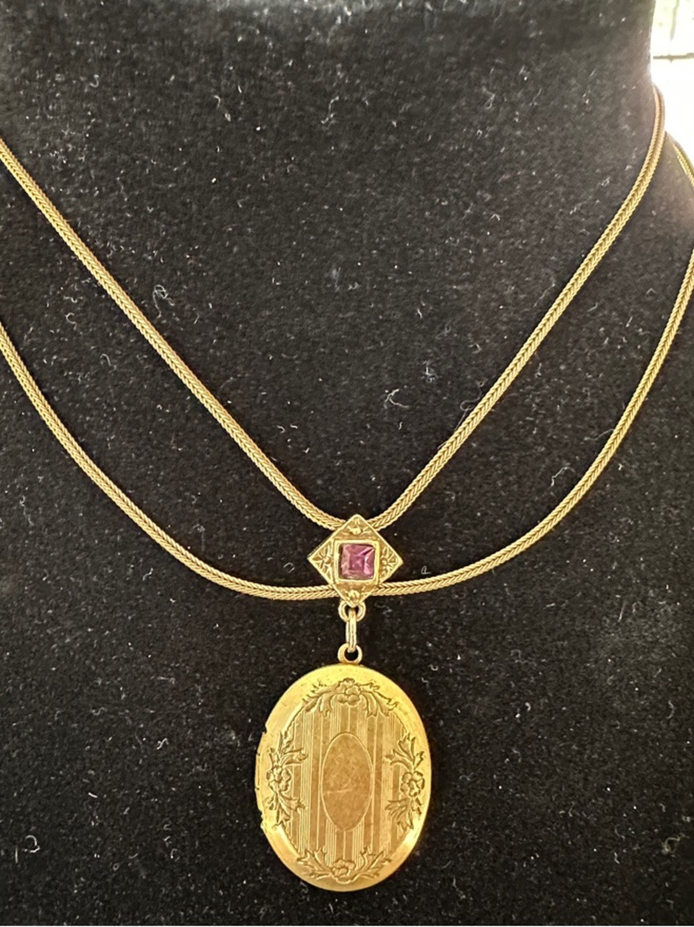 Goldette Gold Toned Victorian Style Locket Necklace with Purple Stone Accent